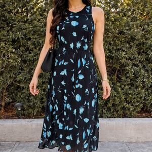 Vintage Ronni Nicole Petite Blue Black Floral Tank Dress 6P Grunge 90s